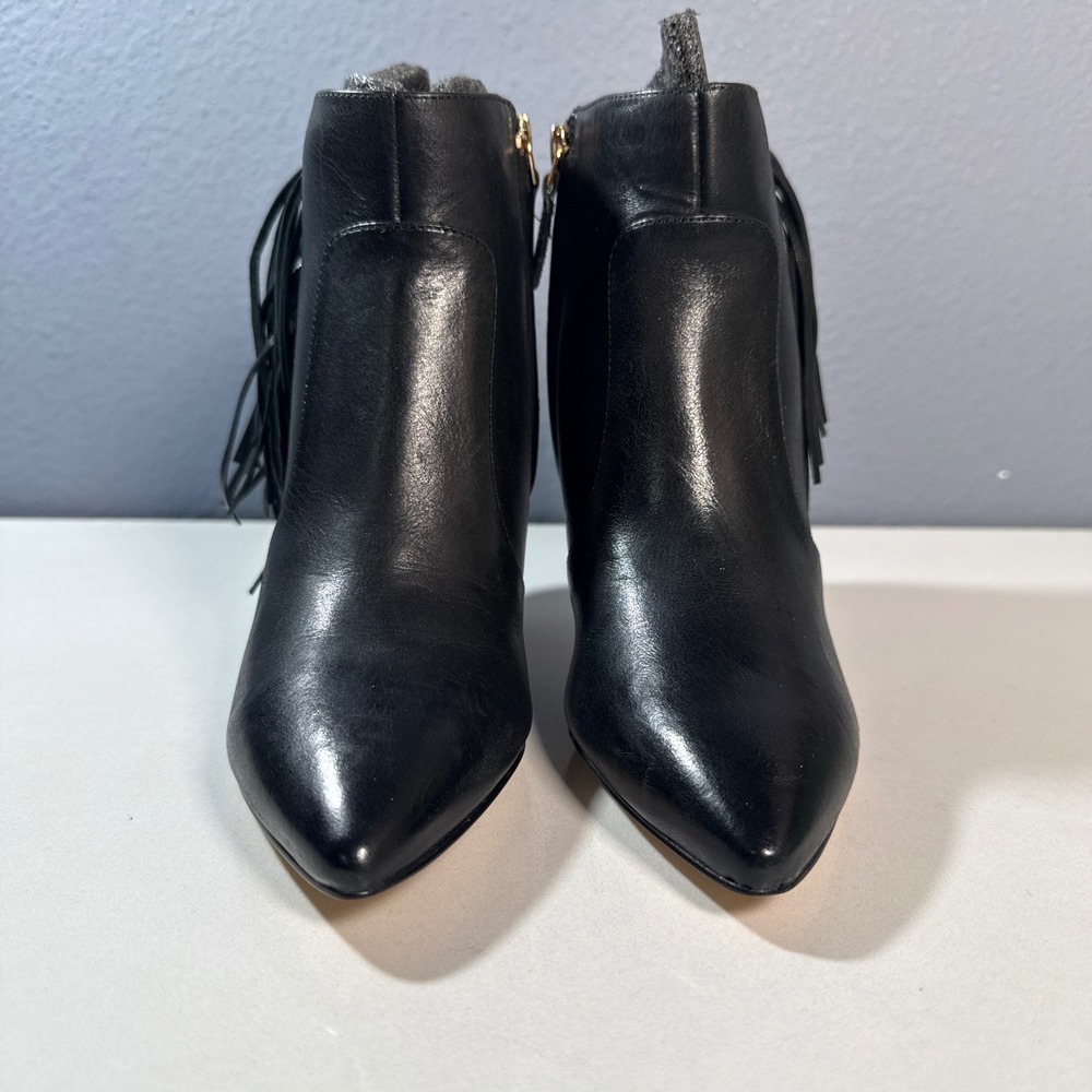 Nine West Jetra Ankle Boots Womens 5M Black Leather Fringe Pointed Toe - Picture 2 of 6